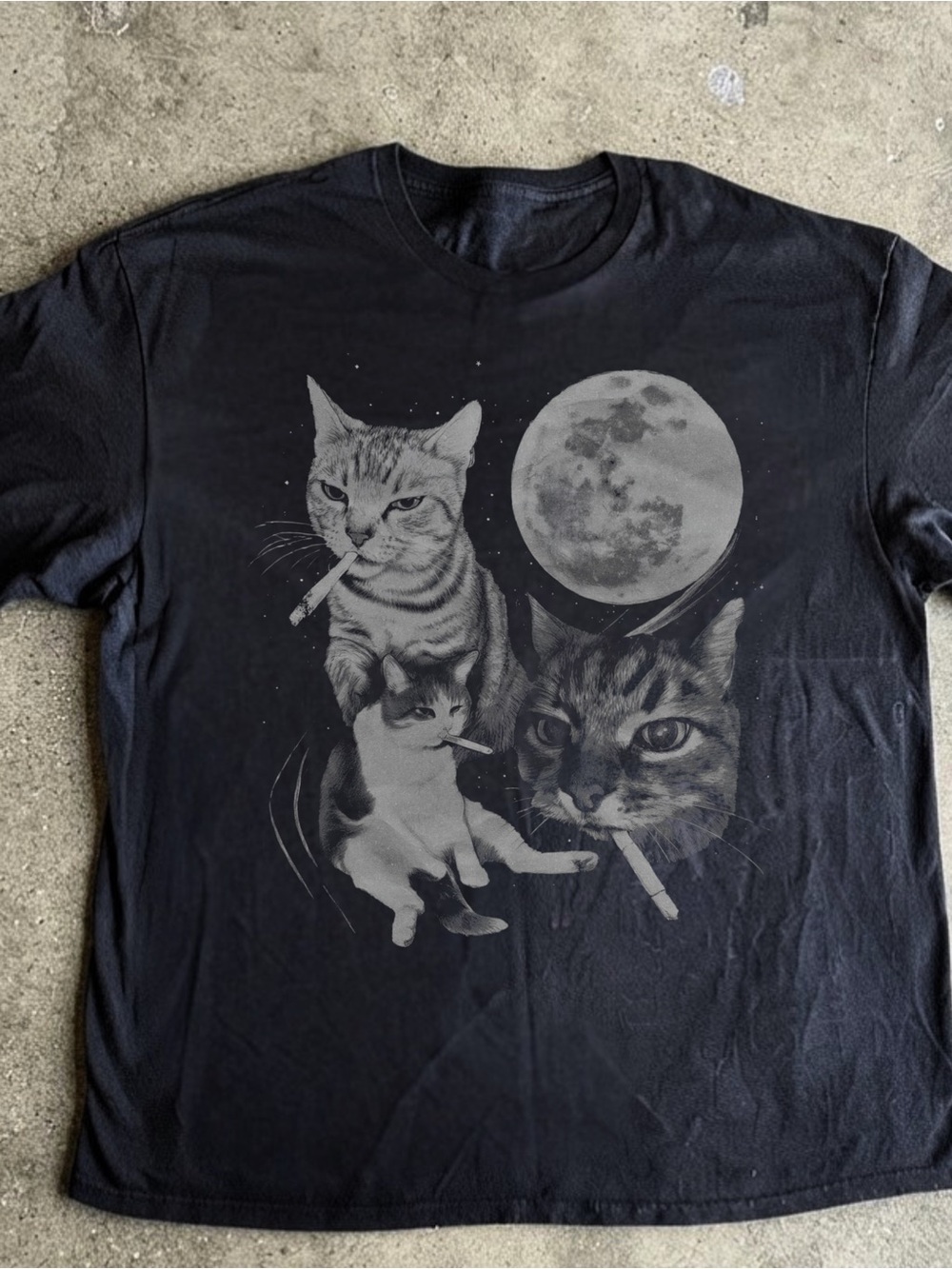 Black Smoking Cat Graphic Tee with Moon - Pet-Themed Shirt